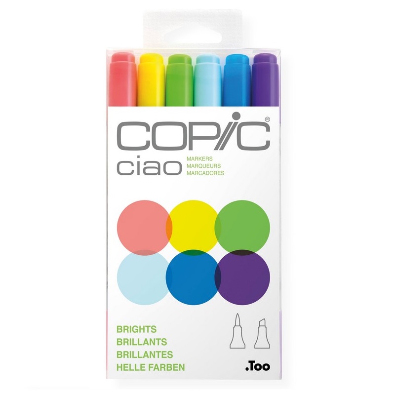 Lihové fixy COPIC Ciao oboustranné Brush & Chisel 6ks, jasné tóny