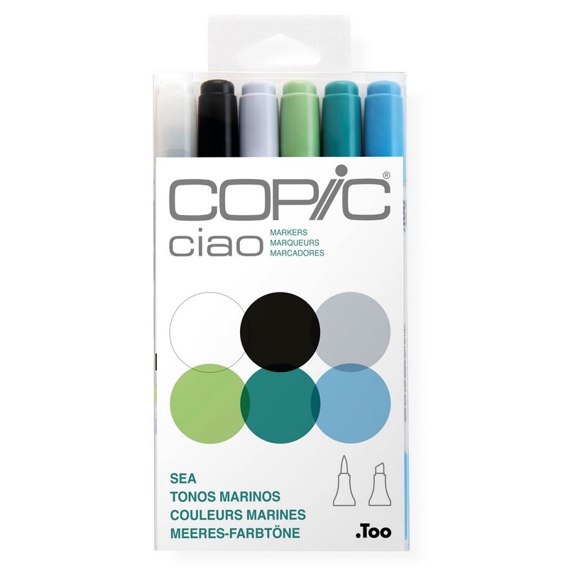 Lihové fixy COPIC Ciao oboustranné Brush & Chisel 6ks, tóny moře
