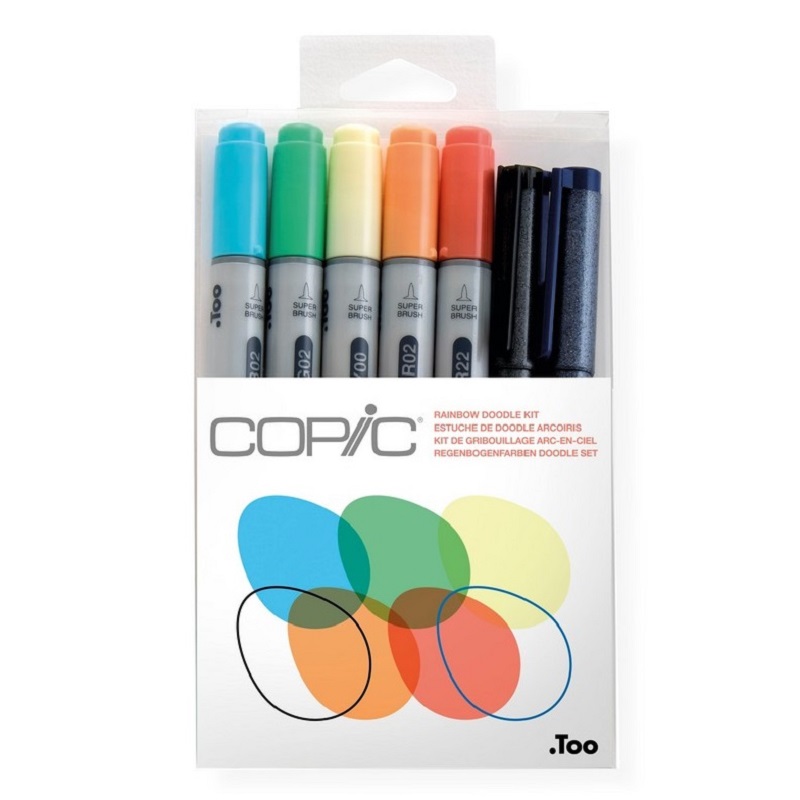 Lihové fixy COPIC Ciao oboustranné Brush & Chisel 5+2ks, Doodle Kit "duha"