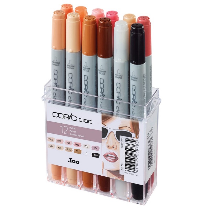 Lihové fixy COPIC Ciao oboustranné Brush & Chisel 12ks, pleťové tóny
