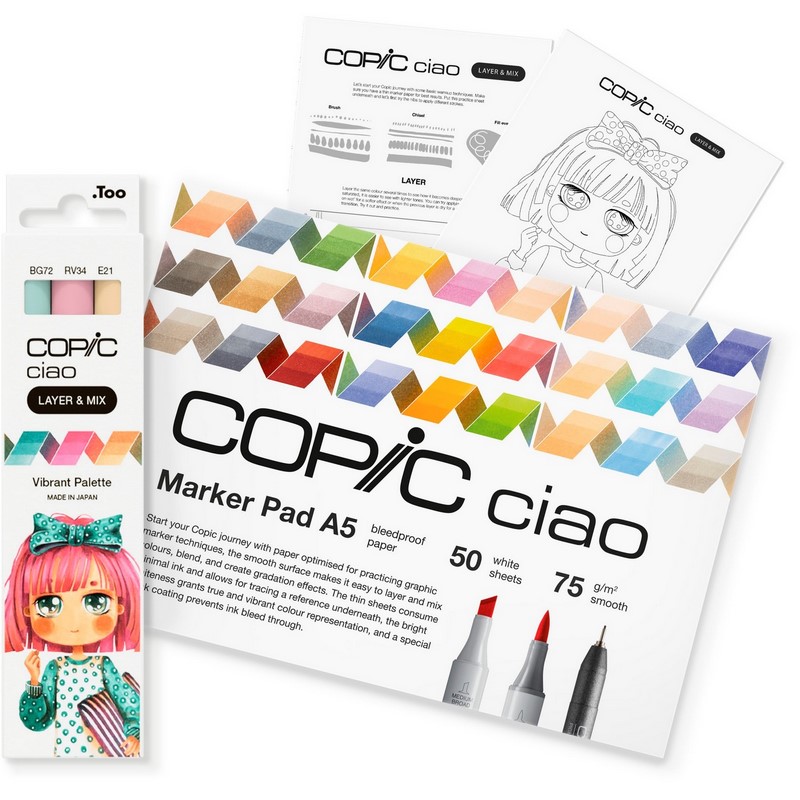 Lihové fixy COPIC Ciao oboustranné Brush & Chisel Starter Set, Vibrant Palette