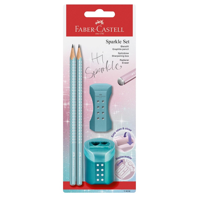 FABER-CASTELL grafitová tužka Grip Sparkle B, 2ks tyrkysová + příslušenství
