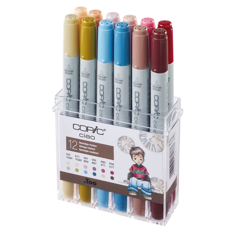 Lihové fixy COPIC Ciao oboustranné Brush & Chisel 12ks, tóny nostalgie