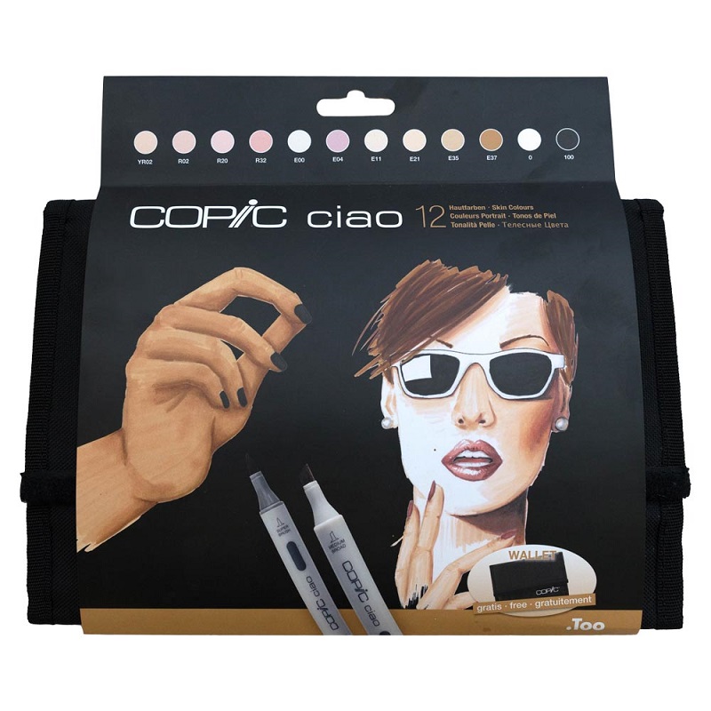 Lihové fixy COPIC Ciao oboustranné Brush & Chisel 12ks, pleťové tóny v penále