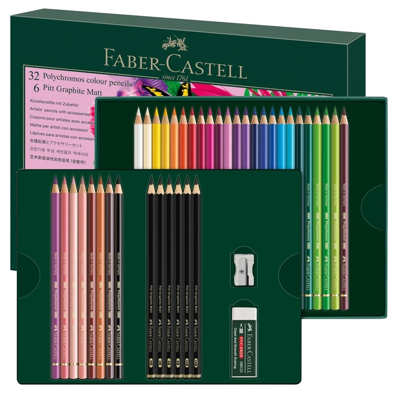 FABER-CASTELL olejové pastelky POLYCHROMOS, 32ks + 8ks příslušenství