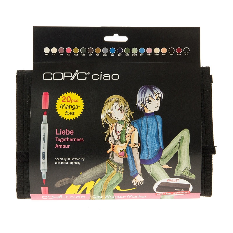 Lihové fixy COPIC Ciao oboustranné Brush & Chisel 20ks, tóny Manga Love v penále