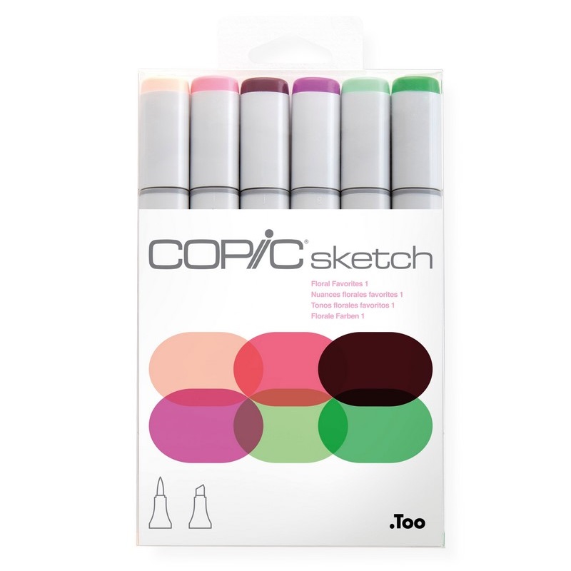 Lihové fixy COPIC Sketch oboustranné Brush & Chisel 6ks, květinové tóny "1"