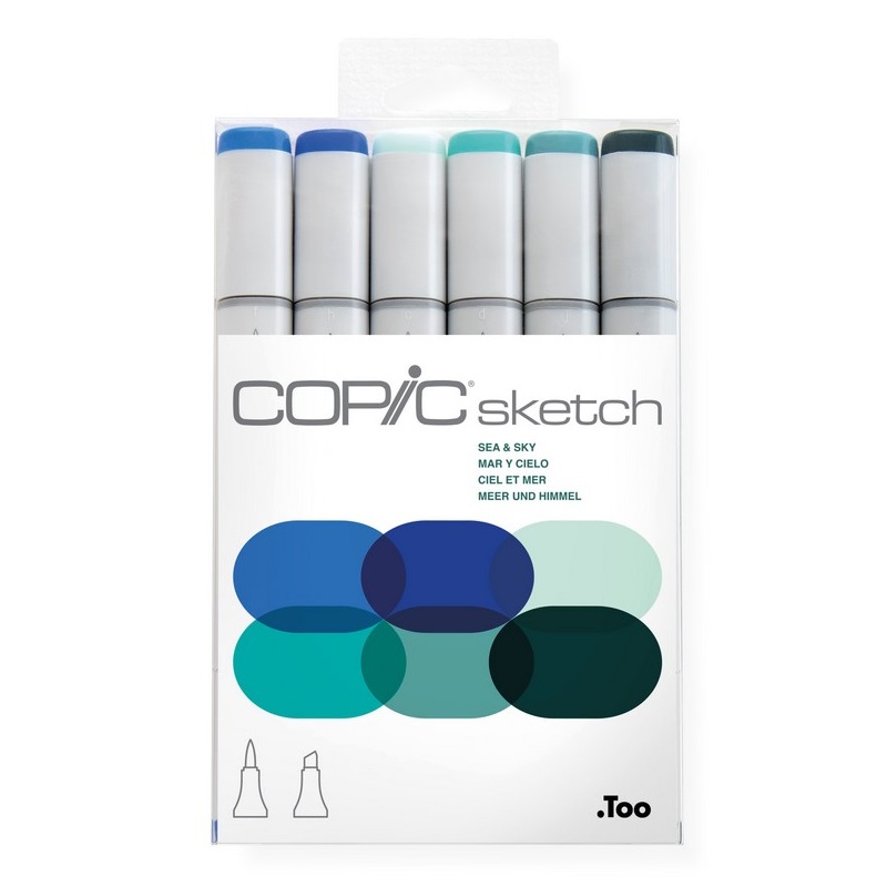 Lihové fixy COPIC Sketch oboustranné Brush & Chisel 6ks, tóny moře a nebe