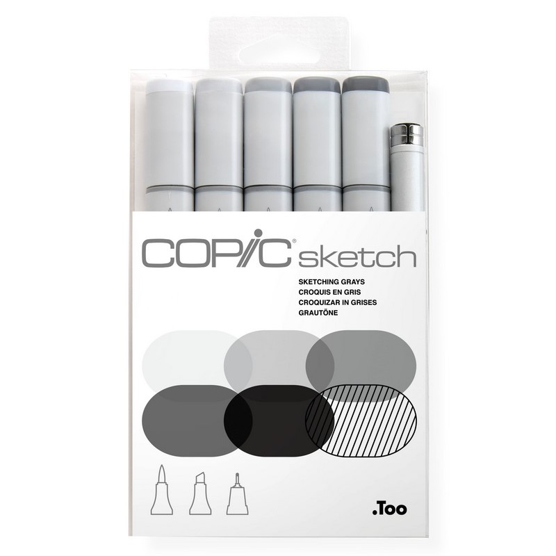 Lihové fixy COPIC Sketch oboustranné Brush & Chisel 5+1ks, skicovací šedé