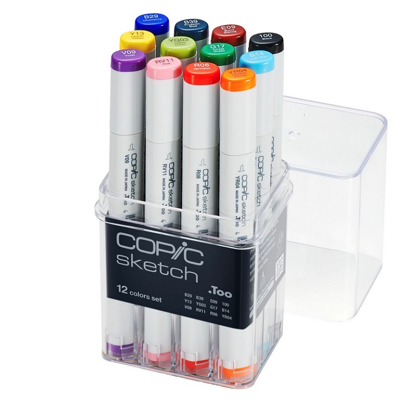 Lihové fixy COPIC Sketch oboustranné Brush & Chisel 12ks, základní