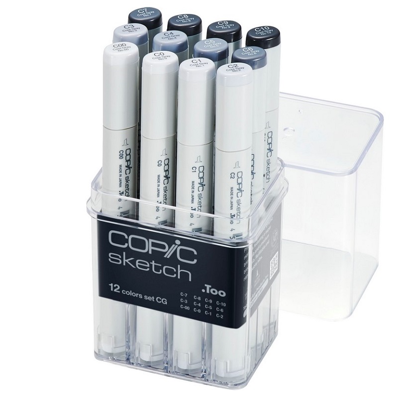 Lihové fixy COPIC Sketch oboustranné Brush & Chisel 12ks, šedé Cool