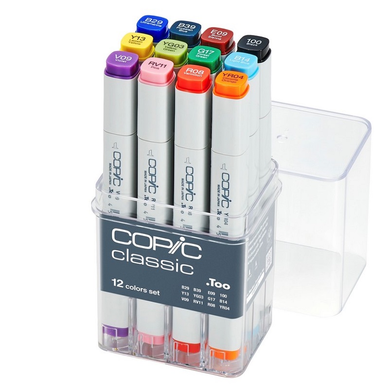 Lihové fixy COPIC Classic oboustranné Fine & Chisel 12ks, základní