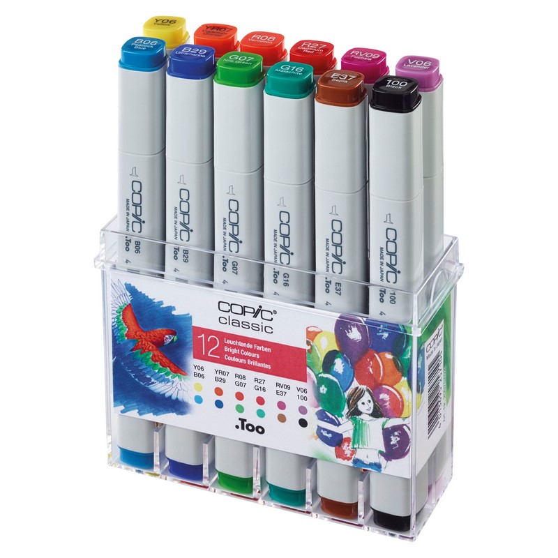 Lihové fixy COPIC Classic oboustranné Fine & Chisel 12ks, jasné tóny