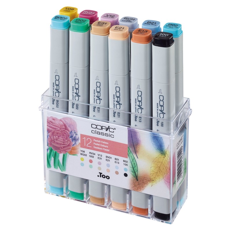 Lihové fixy COPIC Classic oboustranné Fine & Chisel 12ks, pastelové tóny