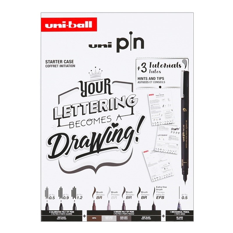 Linery UNI PIN fine, 9 ks Lettering v dárkovém boxu