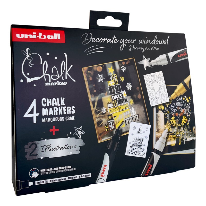 Křídové fixy UNI CHALK 5M, 4ks Vánoční na okna Nordic + 2 šablony A3