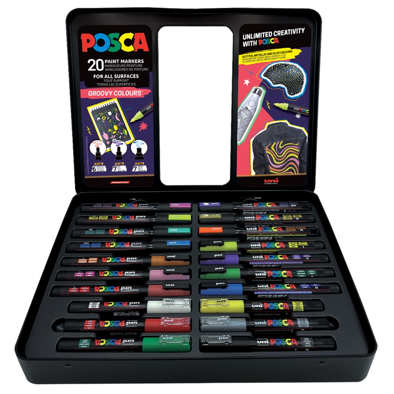 Akrylové fixy UNI POSCA Groovy Colours, 20ks v kovové krabičce