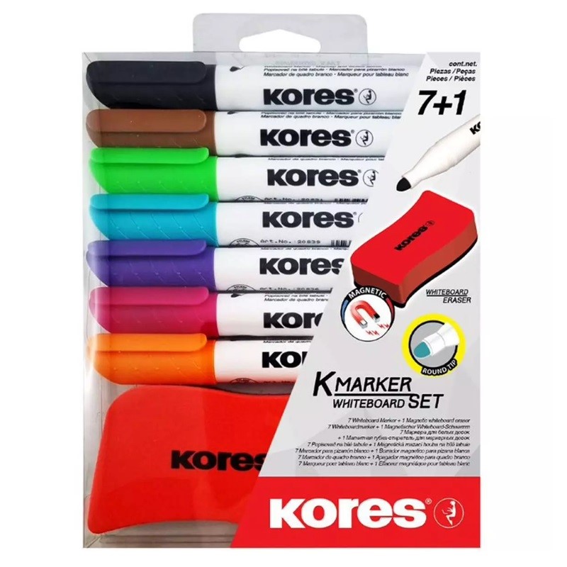KORES popisovač na bílé tabule K-Marker kulatý, 7ks + magnetická houbička
