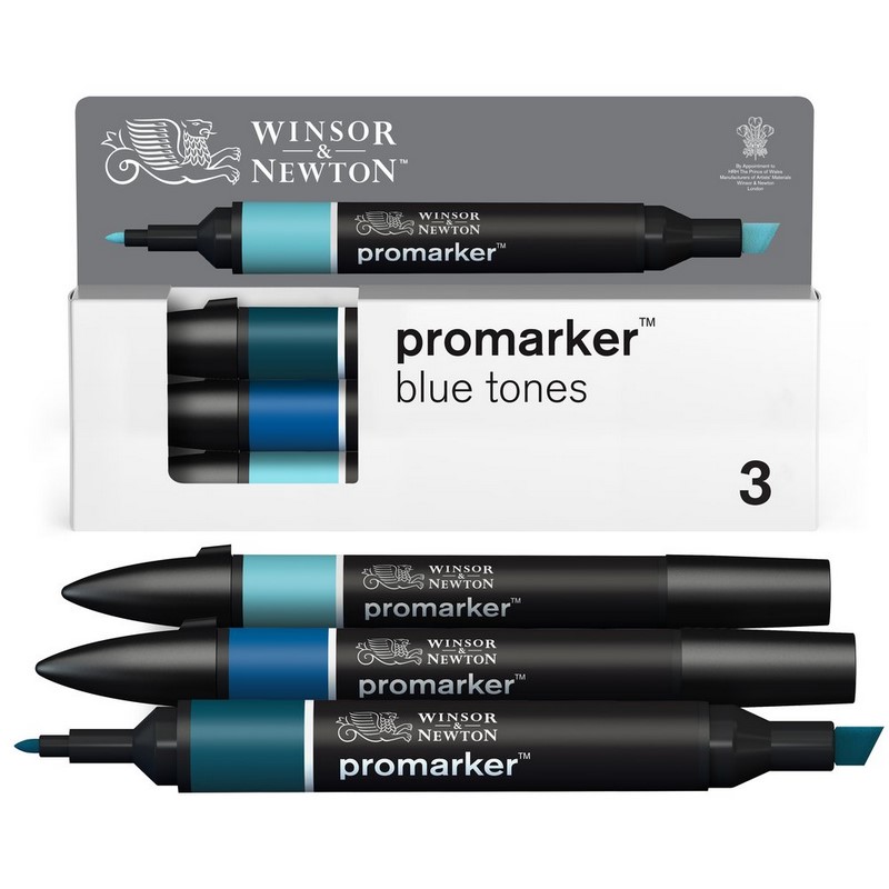 Lihové fixy WINSOR & NEWTON Promarker Fine & Chisel, 3ks BLUE TONES