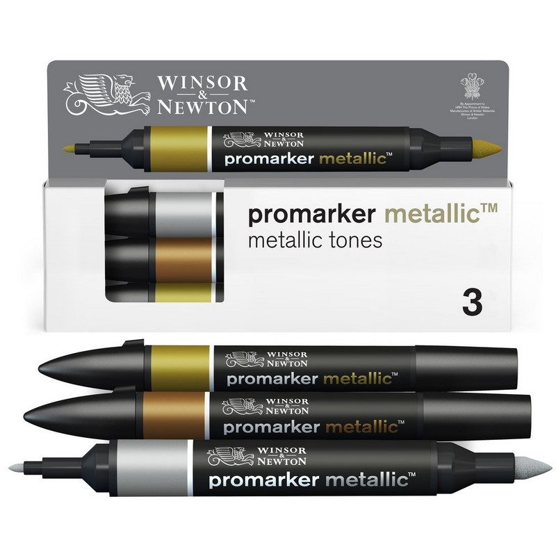 Pigmentové fixy WINSOR & NEWTON Promarker Fine & Round, 3ks METALLIC