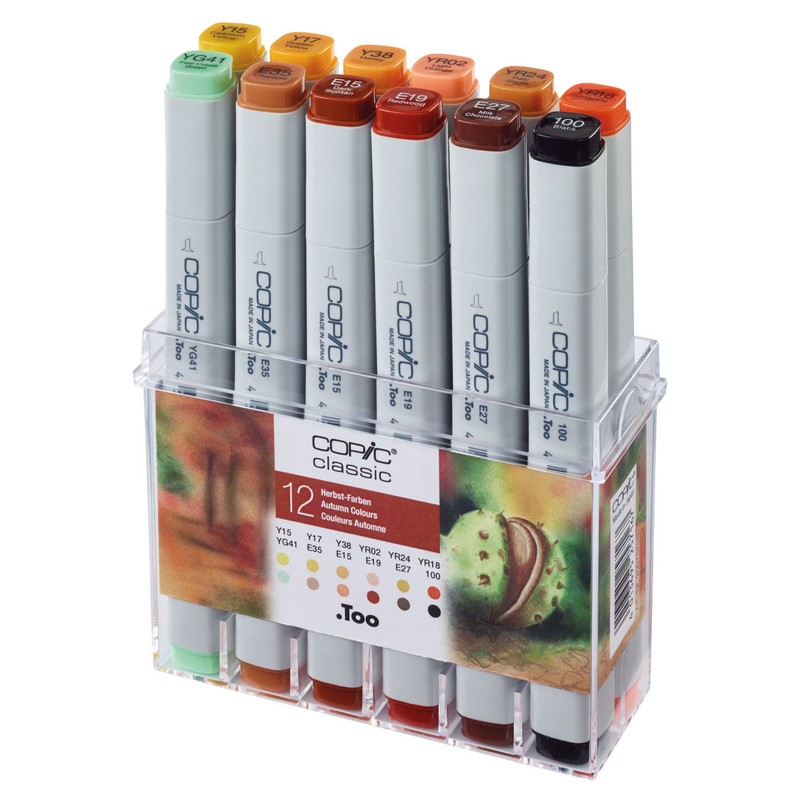 Lihové fixy COPIC Classic oboustranné Fine & Chisel 12ks, podzimní tóny
