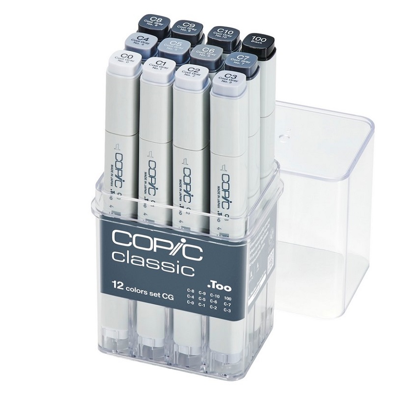 Lihové fixy COPIC Classic oboustranné Fine & Chisel 12ks, šedé Cool