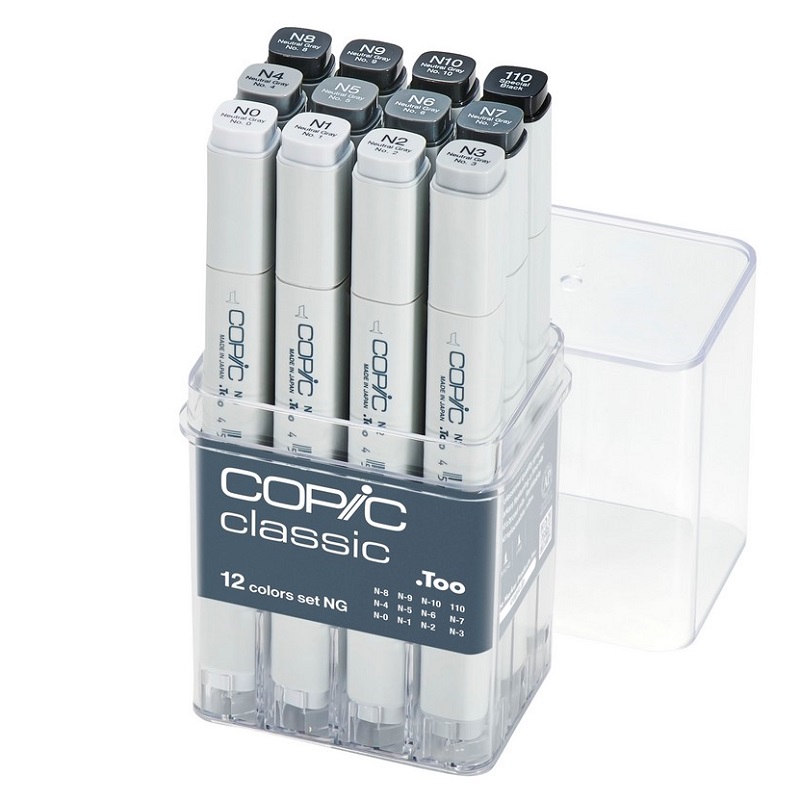 Lihové fixy COPIC Classic oboustranné Fine & Chisel 12ks, šedé Neutral