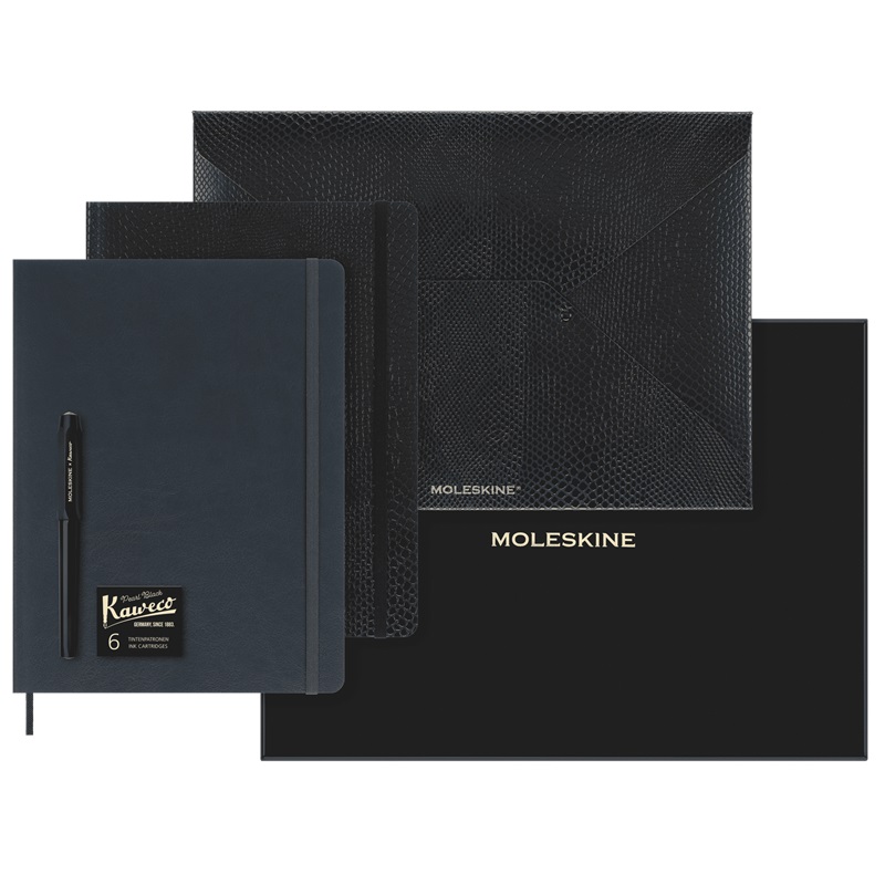 Sada MOLESKINE plnicí pero a zápisníky Capri a Boa měkké linkované tmavé XL
