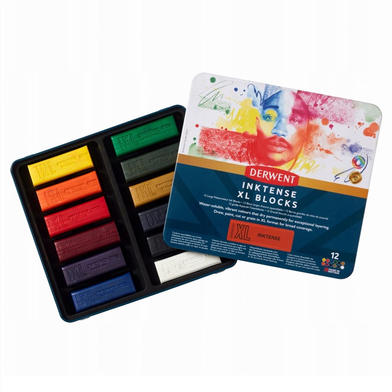 Akvarelové pastely DERWENT Inktense XL Blocks, 12ks v kovové krabičce