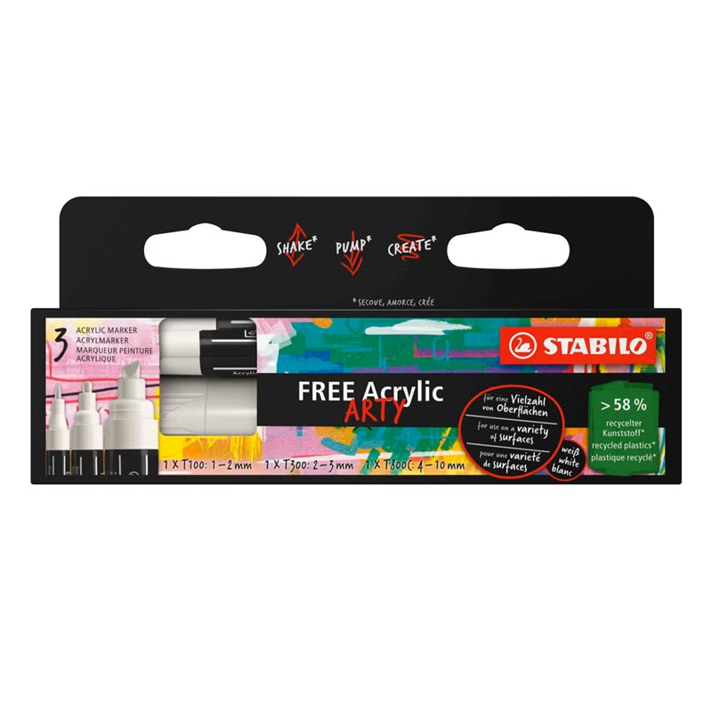 Akrylový popisovač STABILO Free T100, T300 a T800C, 3ks bílé