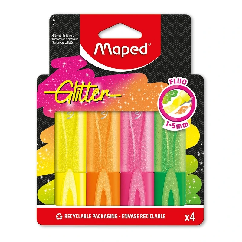 Zvýrazňovače MAPED Fluo Peps třpytivé, 4 ks Neon