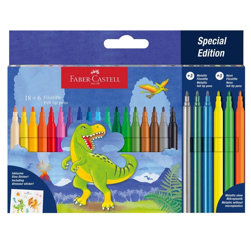 FABER-CASTELL dětské fixy Dinosaurus, set 18ks + 6ks metalické a neonové