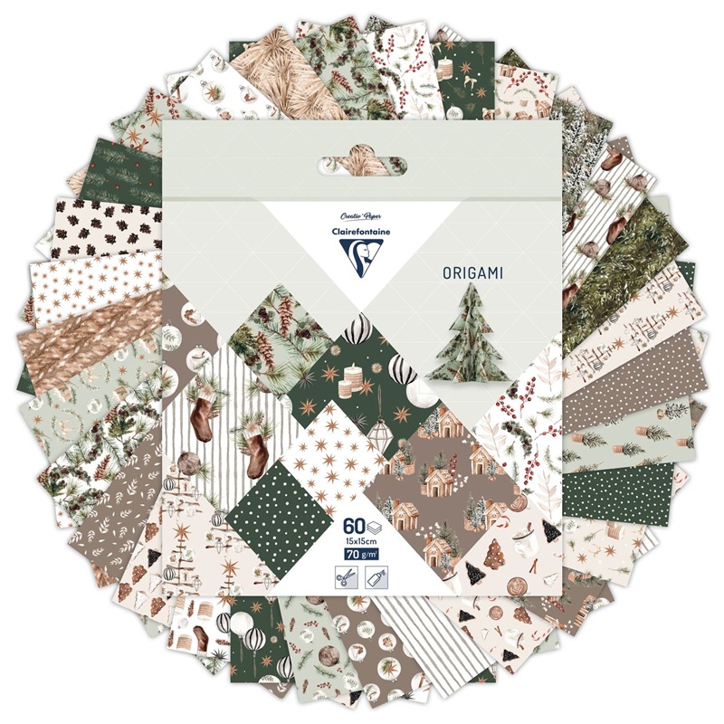 Barevné papíry CLAIREFONTAINE Origami Vánoce, 15x15cm, 70g, 60 listů