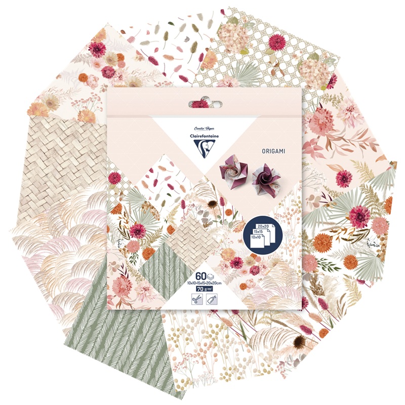 Barevné papíry CLAIREFONTAINE Origami Dried Flowers, mix velikostí, 70g, 60 listů