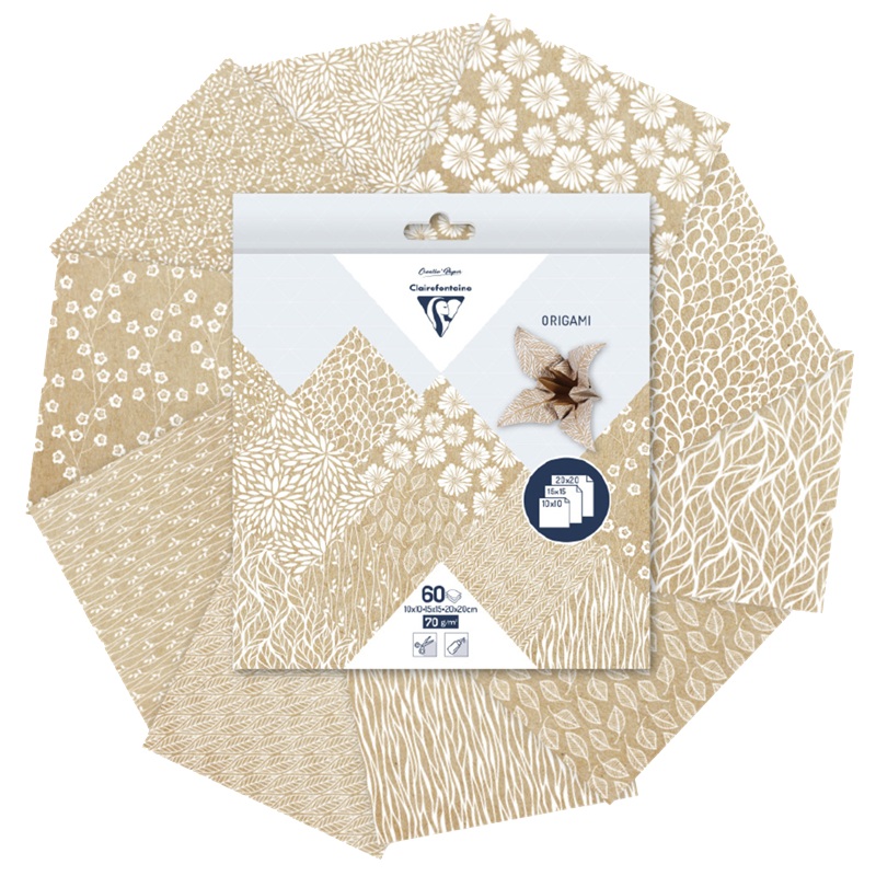 Barevné papíry CLAIREFONTAINE Origami Kraft Flowers, mix velikostí, 70g, 60 listů