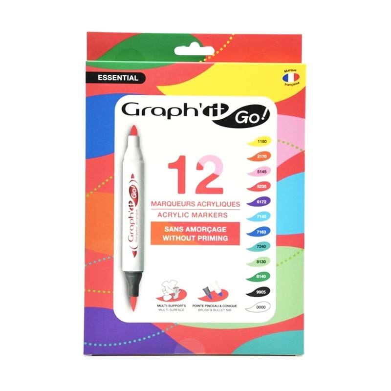 Akrylové fixy GRAPH'IT oboustranné Brush & Fine, 12ks Essential