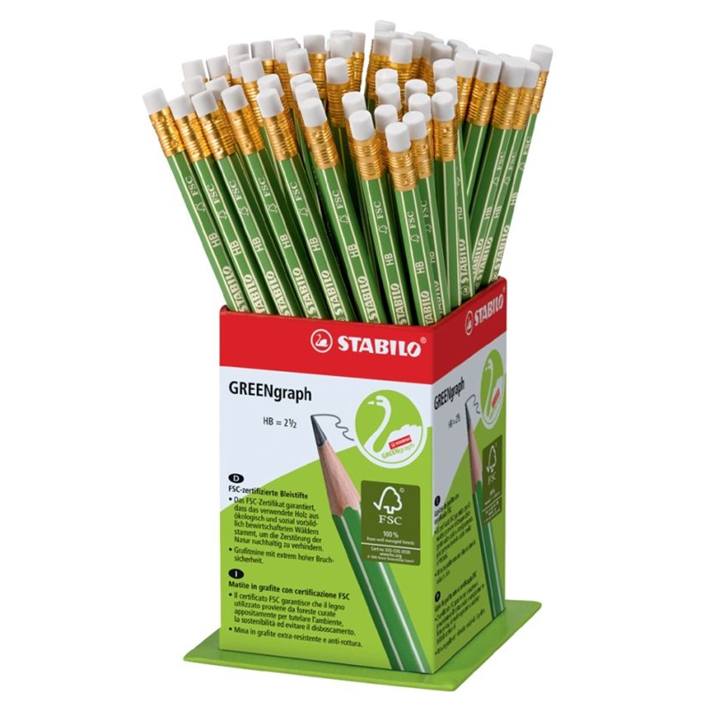 Grafitové tužky STABILO GREENgraph s gumou, 60ks ve stojánku