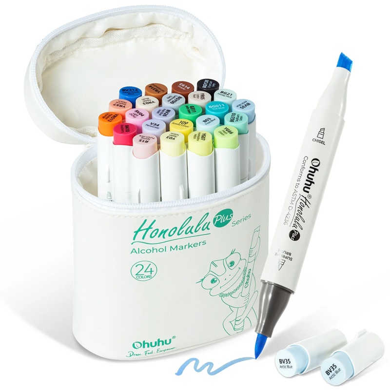 Lihové fixy OHUHU oboustranné PROFI PLUS Brush & Chisel, 24ks základní + blender