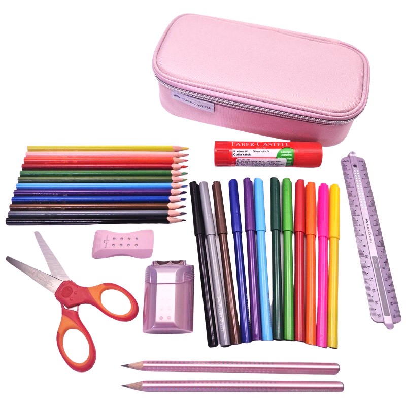 FABER-CASTELL školní sada pro holky v penále, 24ks fix a pastelek a 8ks příslušenství