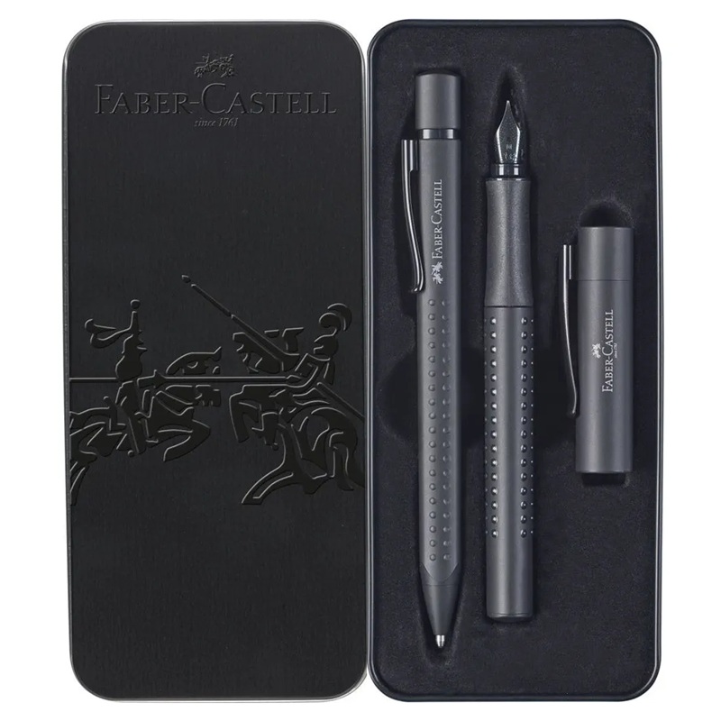 FABER-CASTELL plnicí a kuličkové pero Grip Profi, 2ks černé v kovové krabičce