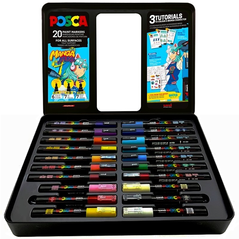 Akrylové fixy UNI POSCA Manga Hero, 20ks v kovové krabičce