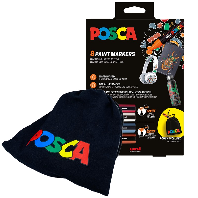 Akrylové fixy UNI POSCA 3M a 5M, 8ks s bavlněným vakem