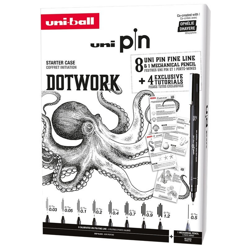 UNI PIN fine liner, sada 9ks Dotwork v dárkovém boxu