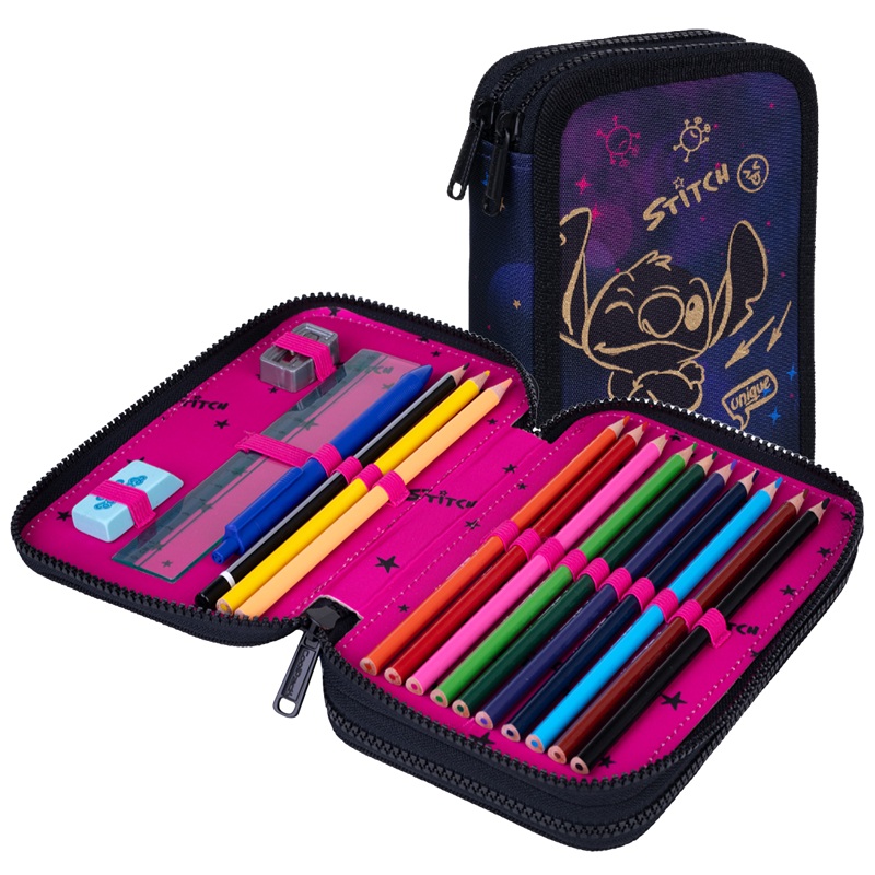 COLORINO penál Stitch Gold velký, 30ks fix a pastelek + 5ks příslušenství