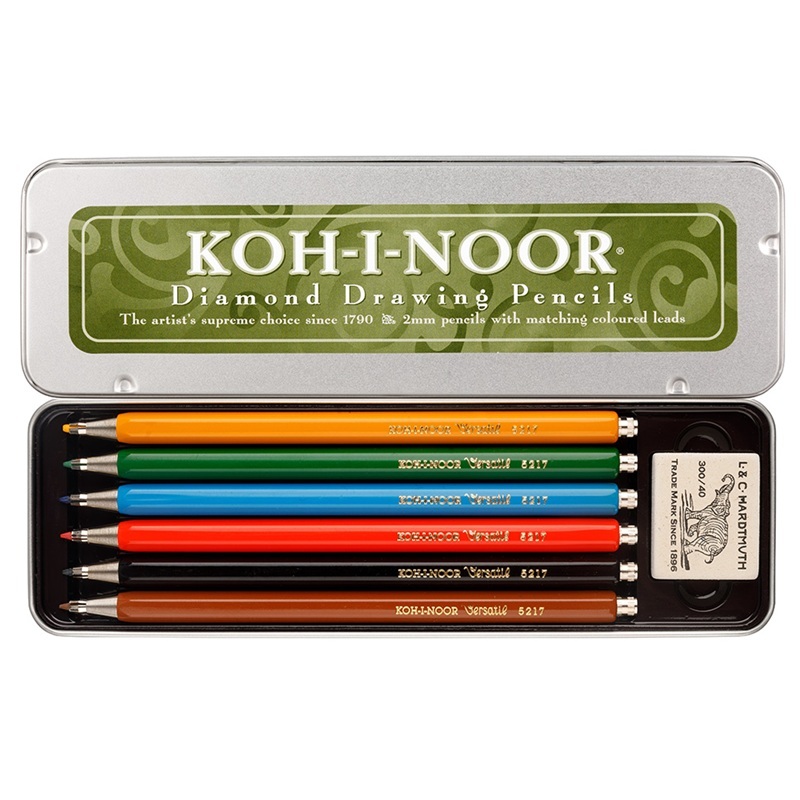 Mechanická tužka KOH-I-NOOR 5217 Versatilka 2,0mm barevná, 6ks a guma v kovové krabičce