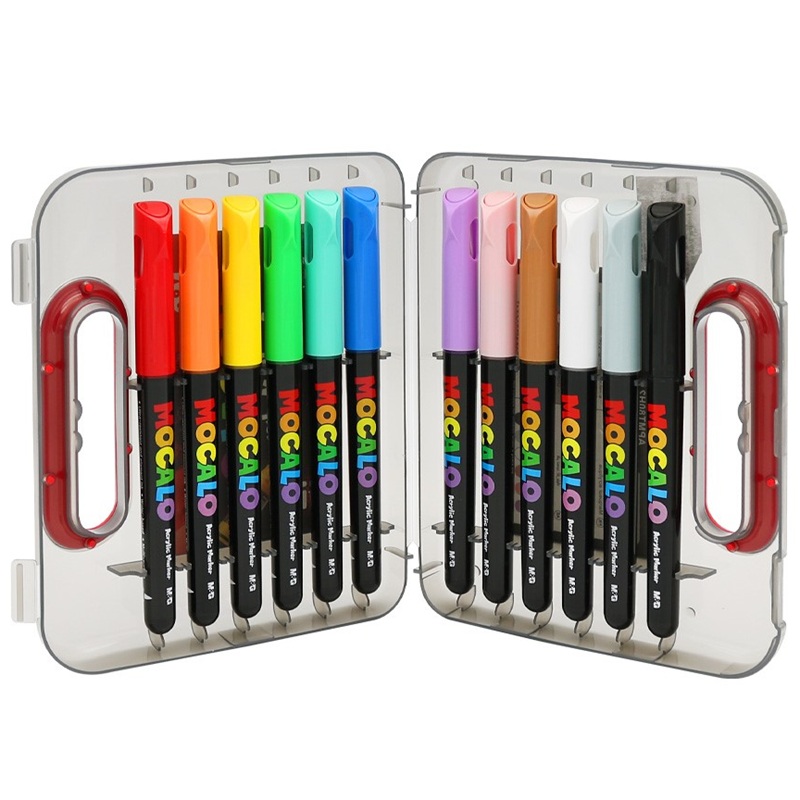 Akrylové fixy M&G Mocalo štětcové, 12ks v plastovém kufříku