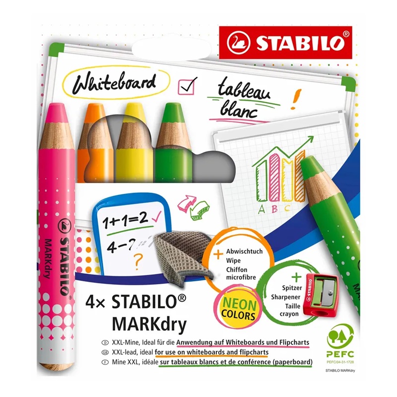 Pastelky STABILO MARKdry na bílé tabule a flipchart, 4ks neon + příslušenství