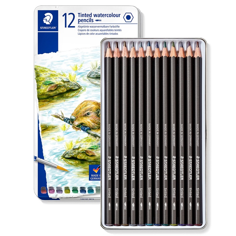 Pastelky akvarelové STAEDTLER Tinted Design Journey, 12ks v kovové krabičce