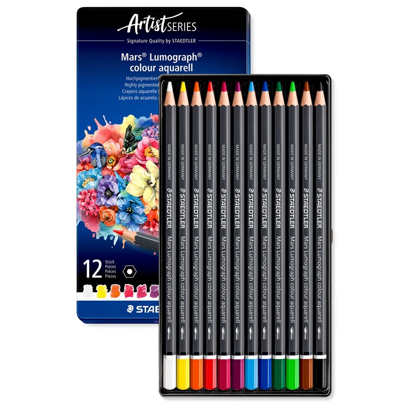 Pastelky akvarelové STAEDTLER Mars Lumograph, 12ks v kovové krabičce