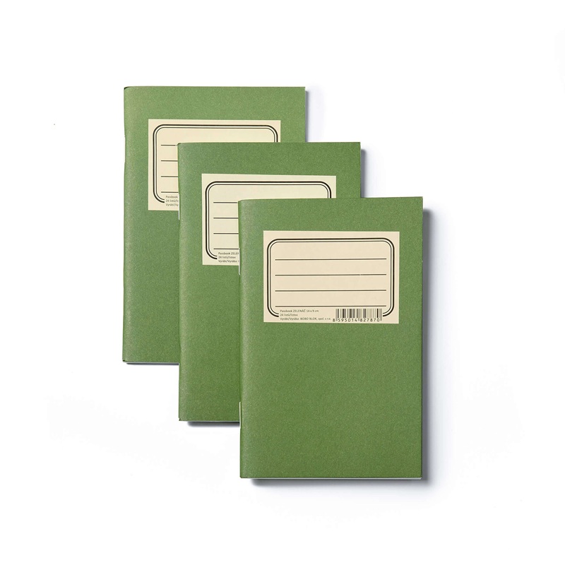 BOBO Sešity "Zelenáč" 9x14cm, 3ks čistý, linkovaný a tečkovaný